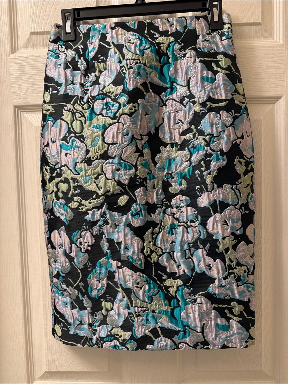 Etcetera Metallic Floral Brocade Pencil Skirt Textured Jacquard Size 2 Blue Teal
